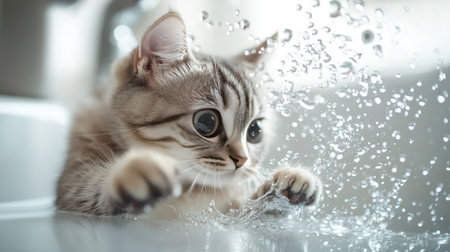 An adorable cat playfully batting at water droplets in a sink, with its reflection visible in the water and a clean, simple backdrop to highlight its playful anticsの素材