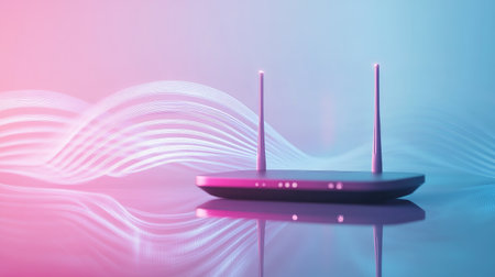 A wireless router with digital waves radiating outward, representing strong wireless communication signals, set against a clean, minimalist tech-inspired backdrop.の素材