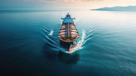 An aerial view of a large tanker ship navigating through calm waters, with its sleek hull cutting through the sea and a distant coastline on the horizon.の素材