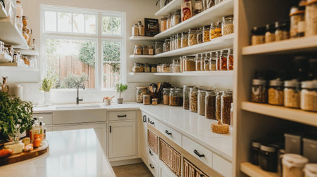 A well-organized kitchen with neatly arranged pantry items, clean countertops, and stylish storage solutions, emphasizing practical and aesthetic design.の素材