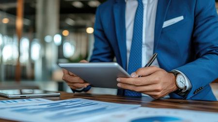 A young businessman reviewing financial reports on his tablet while sitting at a conference table, with a thoughtful expression and a pen in hand.の素材