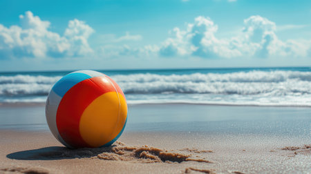A vibrant image of a colorful beach ball lying on the sand with a clear blue sky and gentle waves in the background, evoking a fun, summery atmosphere.の素材