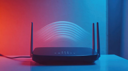 A wireless router with digital waves radiating outward, representing strong wireless communication signals, set against a clean, minimalist tech-inspired backdrop.の素材
