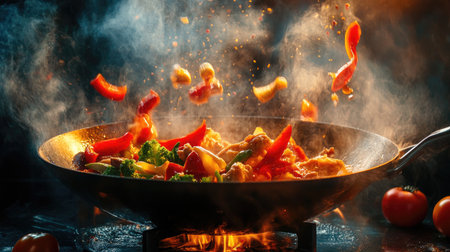 A vibrant scene of a wok on high heat with stir-frying vegetables and meat, showcasing the dynamic action of cooking and the bright colors of the ingredientsの素材