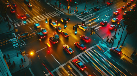 A wide-angle shot of a busy intersection with traffic lights displaying red, yellow, and green signals, showing the flow of traffic and pedestrian activity.の素材