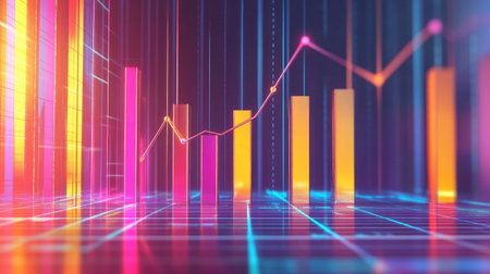 A vibrant 3D bar graph with bars of varying heights showing financial performance trends, set on a digital grid with a rising arrow, symbolizing profit and growth.の素材