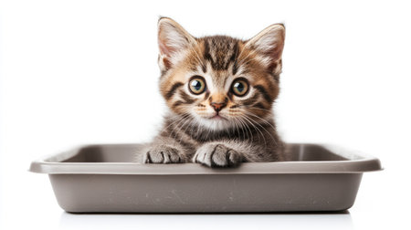 An adorable kitten exploring a new litter box, with its small paws and curious eyes, set against a clean white background to emphasize its playful nature.の素材