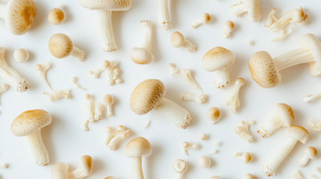 A top-down view of Shimeji mushrooms scattered on a white surface, highlighting their unique form and texture, with a focus on their intricate details.の素材