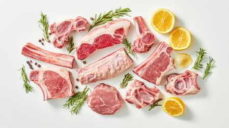 A top-down view of various cuts of fresh pork, including chops and ribs, neatly arranged on a white surface with a focus on their quality and freshness.の素材