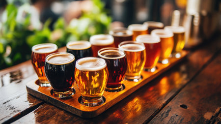 A vibrant scene of a beer flight with several small glasses of different craft beers on a wooden paddle, surrounded by a lively brewery setting.の素材
