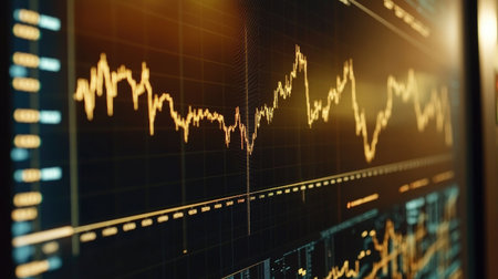 A vibrant image of a large monitor displaying a detailed gold price chart with various technical indicators and a prominent upward trend in gold prices.の素材