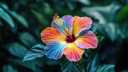 A vibrant close-up of a colorful hibiscus flower with bold, contrasting petals and intricate details, set against a lush green backdrop.の素材