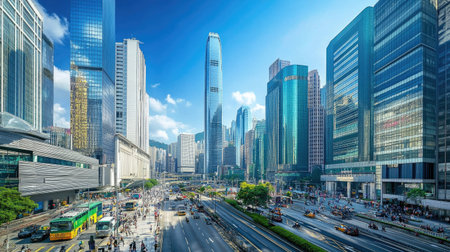 A wide-angle shot of a modern city center with towering skyscrapers, bustling streets filled with people and vehicles, and a clear blue sky overhead.の素材