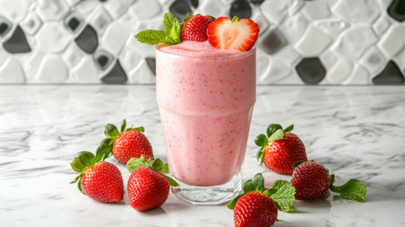 A vibrant smoothie made with strawberries, shown in a clear glass with whole strawberries and mint leaves placed on a bright kitchen countertop.の素材