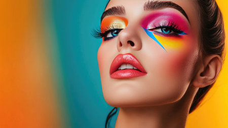 A woman with an artistic and bold makeup style, featuring colorful eyeshadow and unique eyeliner designs, confidently posing in a creative and vibrant environment.の素材