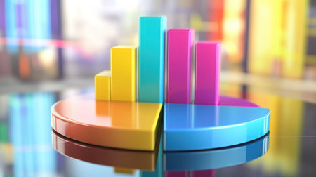A vibrant 3D pie chart with colorful segments floating above a reflective surface, representing financial data breakdowns, with percentages displayed next to each segment.の素材