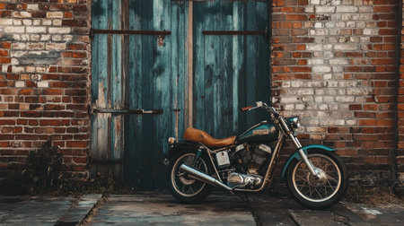 A vintage motorcycle parked in front of an old brick building, with the worn leather seat and retro design evoking a sense of nostalgia and classic style.の素材