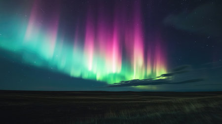 A vivid display of the Southern Lights over a vast, open plain, with the aurora creating a stunning contrast against the dark, open sky.の素材