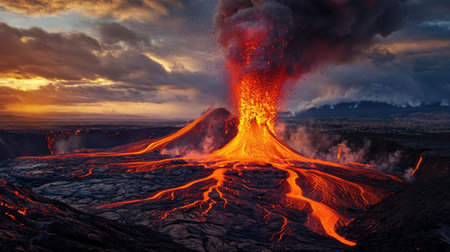 A wide view of a volcano erupting with a plume of smoke and ash rising high into the sky, with fiery lava streams cascading down its slopesの素材