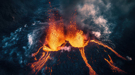 An aerial shot of a volcanic eruption with lava fountains and ash clouds spreading across the landscape, capturing the intensity of the event.の素材