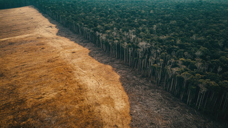 An aerial view of deforested land with large areas of cleared forest, showing the environmental impact of global warming and deforestation.の素材