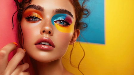 A woman with an artistic and bold makeup style, featuring colorful eyeshadow and unique eyeliner designs, confidently posing in a creative and vibrant environment.の素材