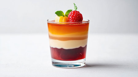 An elegant image of a layered jelly dessert in a clear glass, featuring multiple colors and textures, with a focus on the clean, crisp presentation against a white backdrop.の素材