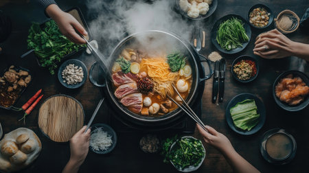 An overhead view of a hot pot filled with a variety of ingredients like meat, vegetables, and noodles, with steam rising and a cozy dining setup around itの素材