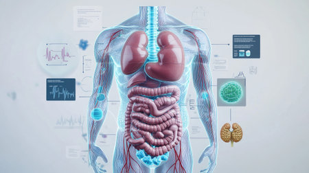 An educational illustration of the human digestive system, including the stomach, intestines, and liver, with labels and a clean background.の素材