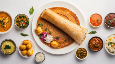An overhead shot of a dosa on a white plate, with various side dishes like potato filling, chutneys, and sambar arranged around it on a white backgroundの素材