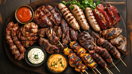 An overhead shot of a barbecue feast featuring a variety of grilled meats, including sausages, steak, and skewers, arranged on a large platter with dipping sauces.の素材