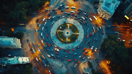 An overhead shot of a crowded roundabout with vehicles navigating through a congested traffic circle, showing the complexity and flow of traffic in a busy urban area.の素材