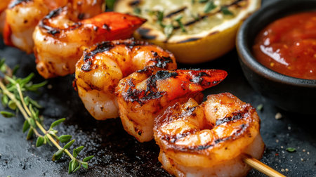 A vibrant image of grilled shrimp on a barbecue skewer, with smoky grill marks and a side of dipping sauce, highlighting the juicy and flavorful appealの素材