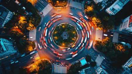 An overhead shot of a crowded roundabout with vehicles navigating through a congested traffic circle, showing the complexity and flow of traffic in a busy urban area.の素材