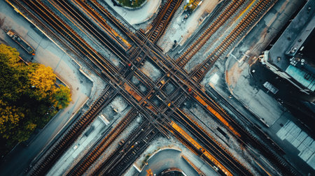 An aerial shot of a railway track intersection, showing the complex network of rails and switches, with a train approaching in the background.の素材