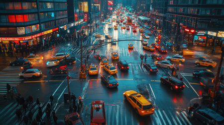 A wide-angle shot of a busy intersection with traffic lights displaying red, yellow, and green signals, showing the flow of traffic and pedestrian activity.の素材