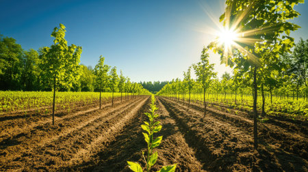 An elegant shot of a newly reforested area with rows of young trees growing, with sunlight filtering through the leaves and a clear, blue sky above.の素材