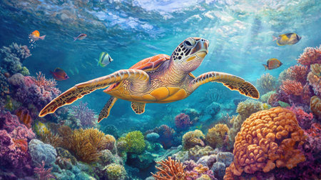 An underwater shot of a sea turtle swimming among colorful coral reefs and tropical fish, showcasing the vibrant marine life and the turtle's serene movements.の素材