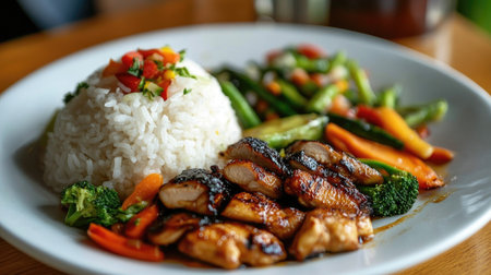 A beautifully arranged plate featuring a mound of hot rice accompanied by colorful stir-fried vegetables and grilled chicken, showcasing a balanced meal.の素材