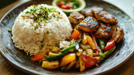 A beautifully arranged plate featuring a mound of hot rice accompanied by colorful stir-fried vegetables and grilled chicken, showcasing a balanced meal.の素材