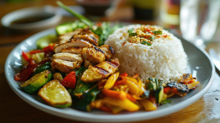 A beautifully arranged plate featuring a mound of hot rice accompanied by colorful stir-fried vegetables and grilled chicken, showcasing a balanced meal.の素材