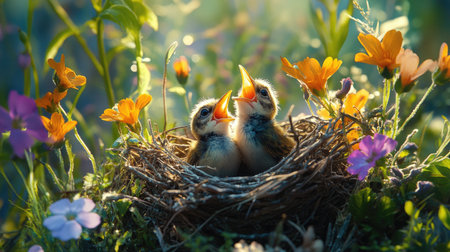 A captivating shot of baby birds chirping energetically in their nest, surrounded by colorful wildflowers, illustrating the vibrancy of life in nature.の素材