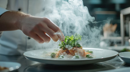 A chef expertly plating a gourmet dish, with steam wafting from the hot food and fresh herbs as garnish, highlighting culinary skills and presentation.の素材