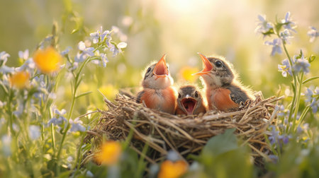 A captivating shot of baby birds chirping energetically in their nest, surrounded by colorful wildflowers, illustrating the vibrancy of life in nature.の素材
