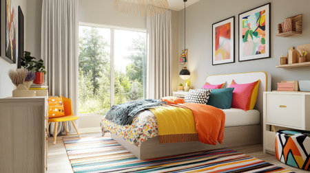 A children bedroom with colorful decor, fun bedding, and playful accessories, capturing a whimsical and cheerful atmosphere for kids.の素材