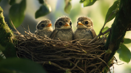 A charming scene of a nest filled with three baby birds, with one bird looking curiously out at the camera, creating an engaging focal point.の素材