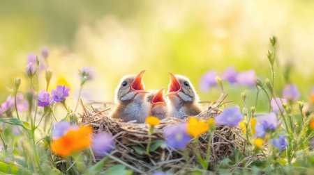 A captivating shot of baby birds chirping energetically in their nest, surrounded by colorful wildflowers, illustrating the vibrancy of life in nature.の素材