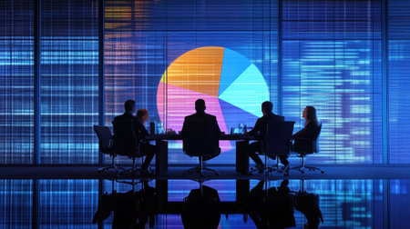 A business team analyzing a large 3D pie chart projected in a meeting room, with financial data reflecting on the glass walls in the background.の素材
