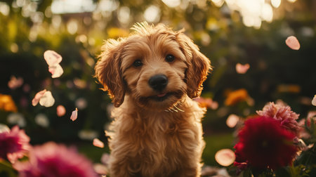 A captivating shot of a playful puppy exploring a flower garden, with petals in the air and a curious expression, highlighting their adventurous spirit.の素材