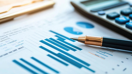 A close-up of a banking report featuring detailed financial graphs, with a pen and calculator placed nearby, symbolizing the analysis of financial performance.の素材
